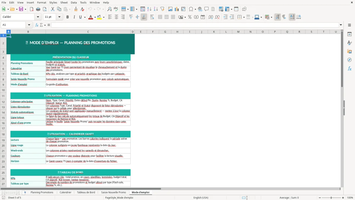 Capture d'écran 5 : Feuille Mode d'emploi - Modèle Excel planning promotions excel