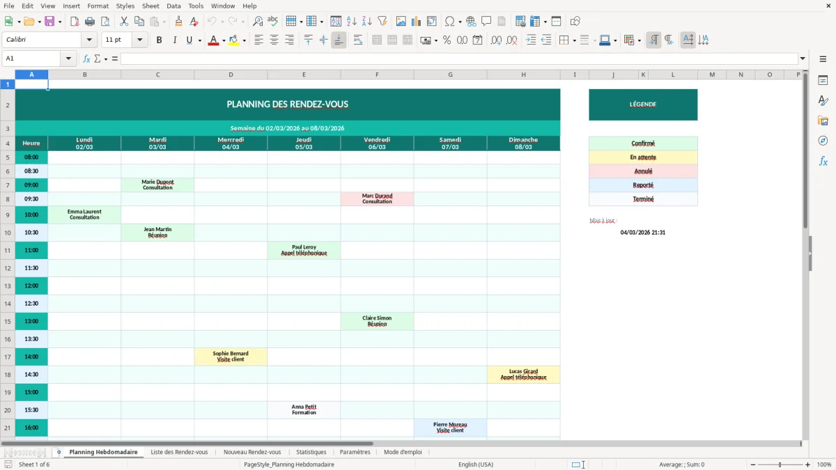 Capture d'écran 1 : Feuille Planning Hebdomadaire - Modèle Excel planning rendez-vous excel