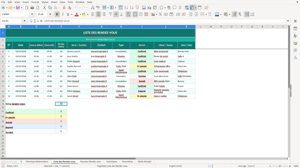 Capture d'écran 2 : Feuille Liste des Rendez-vous - Modèle Excel planning rendez-vous excel