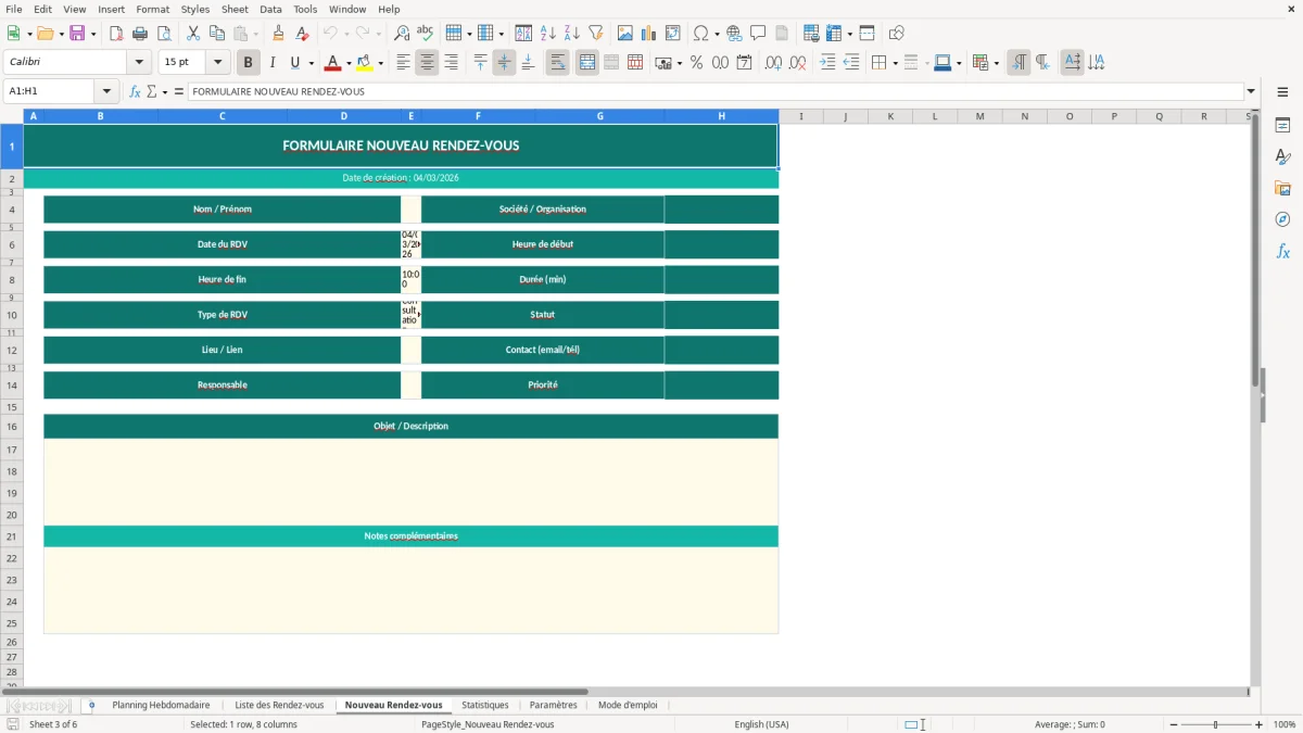 Capture d'écran 3 : Feuille Nouveau Rendez-vous - Modèle Excel planning rendez-vous excel