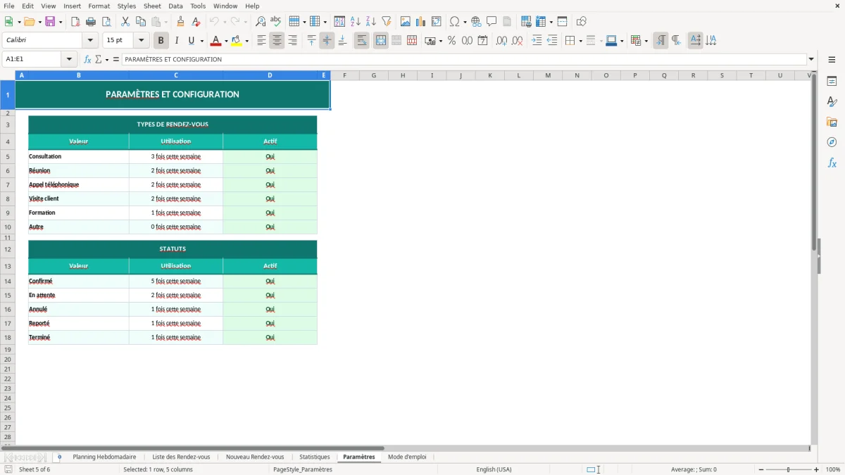 Capture d'écran 5 : Feuille Paramètres - Modèle Excel planning rendez-vous excel