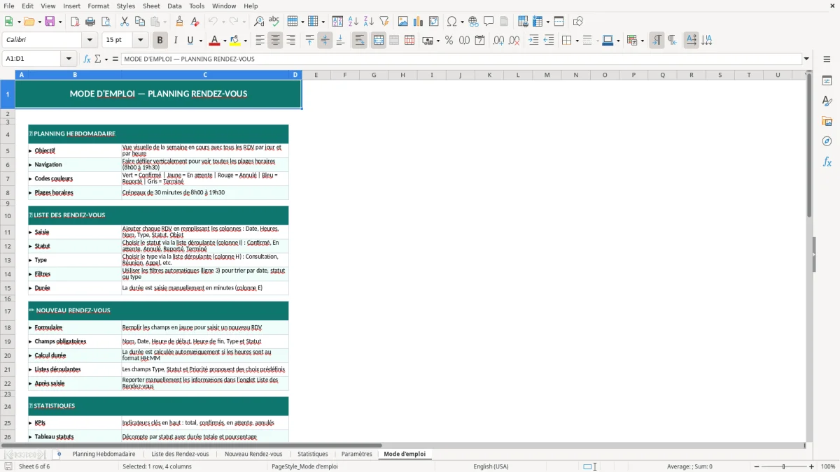 Capture d'écran 6 : Feuille Mode d'emploi - Modèle Excel planning rendez-vous excel