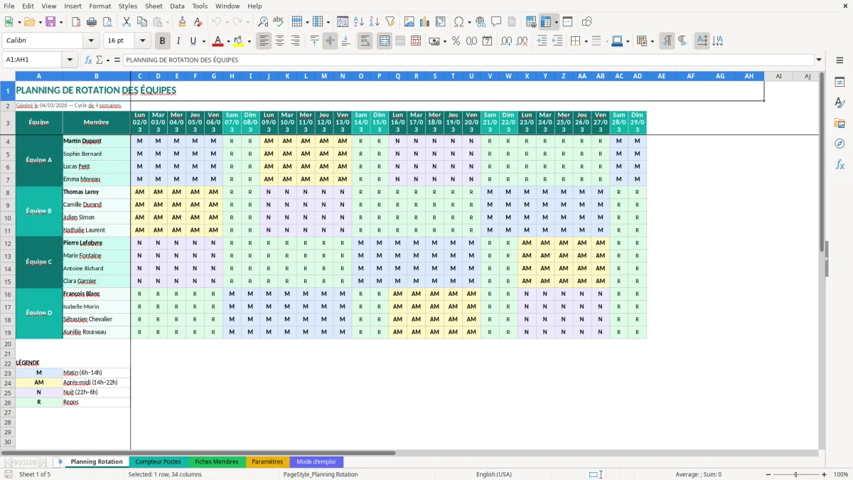 Capture d'écran 1 : Feuille Planning Rotation - Modèle Excel planning rotation équipes excel