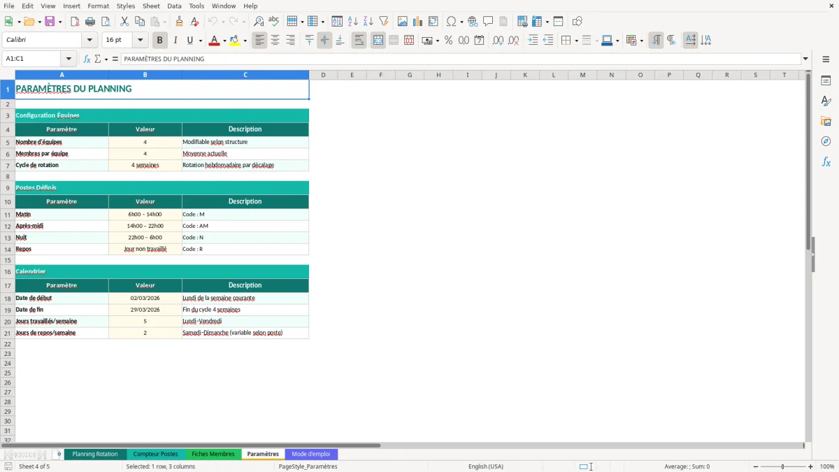 Capture d'écran 4 : Feuille Paramètres - Modèle Excel planning rotation équipes excel