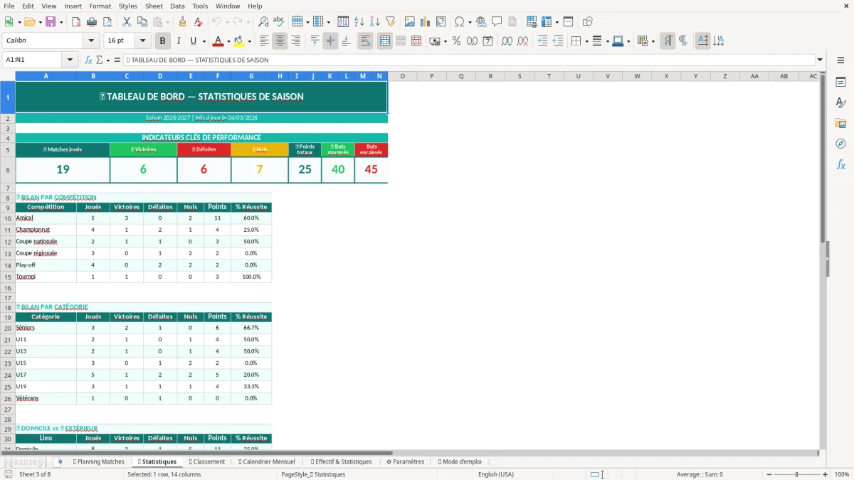 Capture d'écran 2 : Feuille 📅 Planning Matches - Modèle Excel planning saison sportive excel