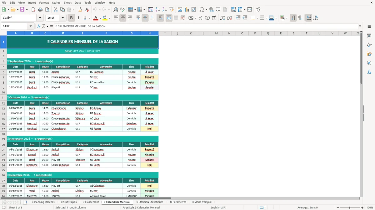 Capture d'écran 4 : Feuille 🥇 Classement - Modèle Excel planning saison sportive excel