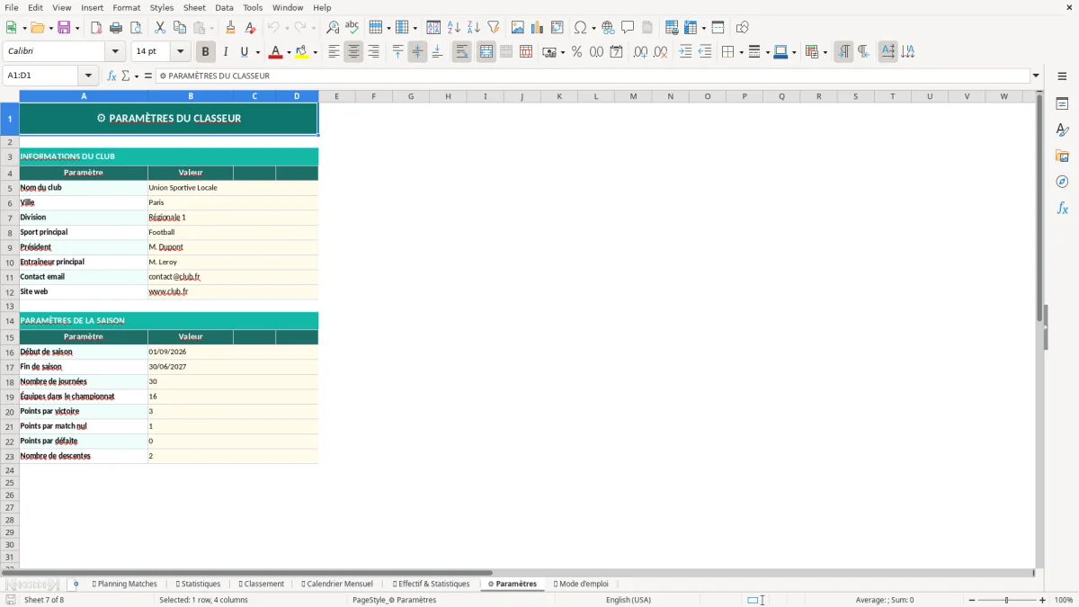 Capture d'écran 6 : Feuille 👤 Effectif & Statistiques - Modèle Excel planning saison sportive excel