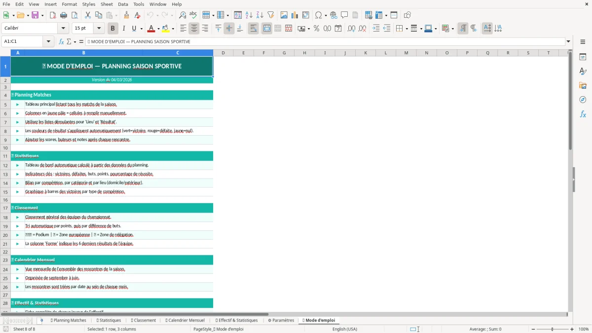 Capture d'écran 7 : Feuille ⚙️ Paramètres - Modèle Excel planning saison sportive excel
