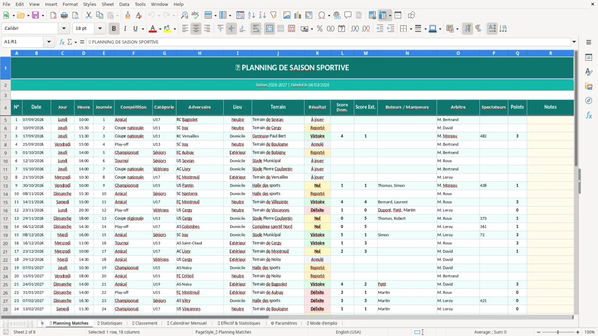 Capture d'écran 8 : Feuille ❓ Mode d'emploi - Modèle Excel planning saison sportive excel