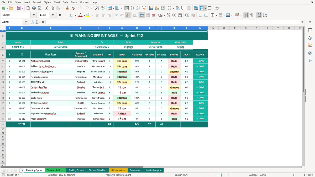 Capture d'écran 1 : Feuille Planning Sprint - Modèle Excel planning sprint agile excel