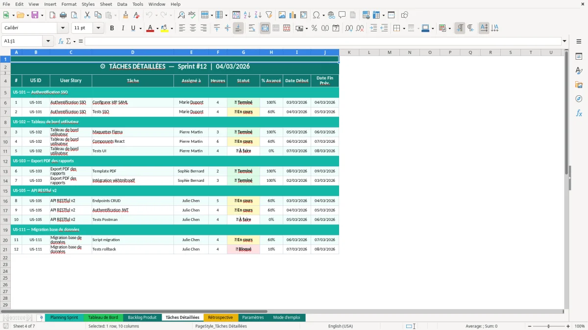 Capture d'écran 4 : Feuille Tâches Détaillées - Modèle Excel planning sprint agile excel