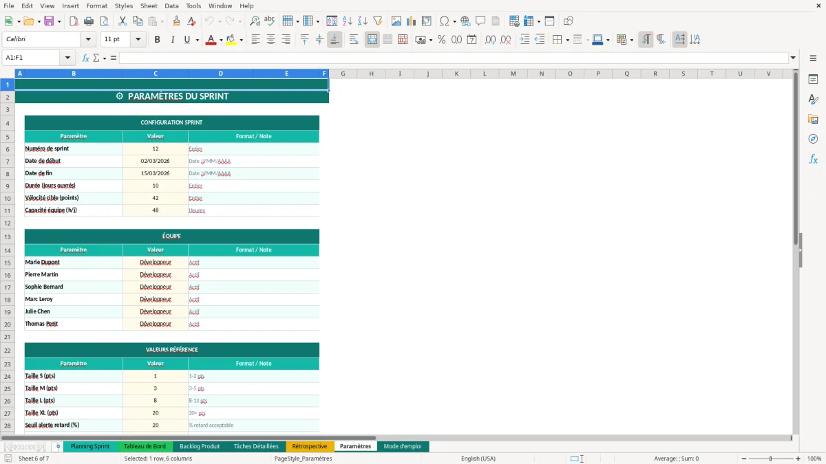 Capture d'écran 6 : Feuille Paramètres - Modèle Excel planning sprint agile excel
