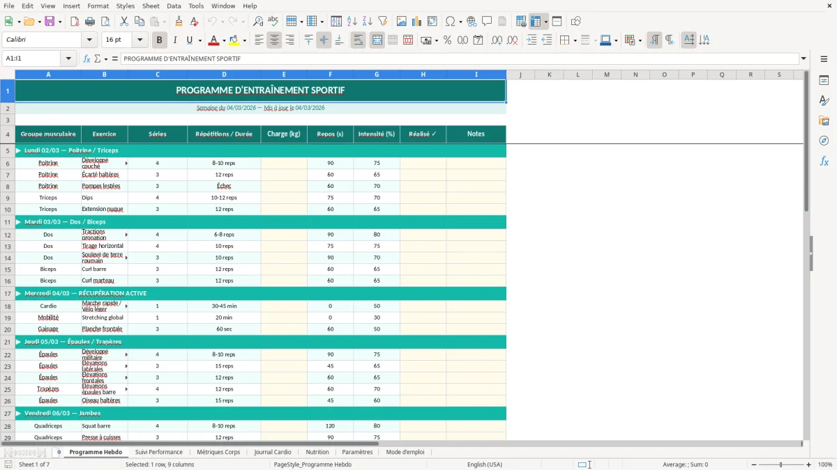 Capture d'écran 1 : Feuille Programme Hebdo - Modèle Excel programme entraînement sportif excel