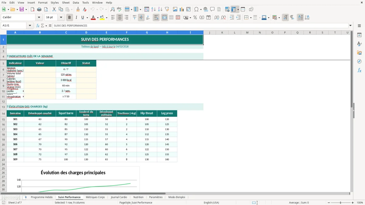 Capture d'écran 2 : Feuille Suivi Performance - Modèle Excel programme entraînement sportif excel