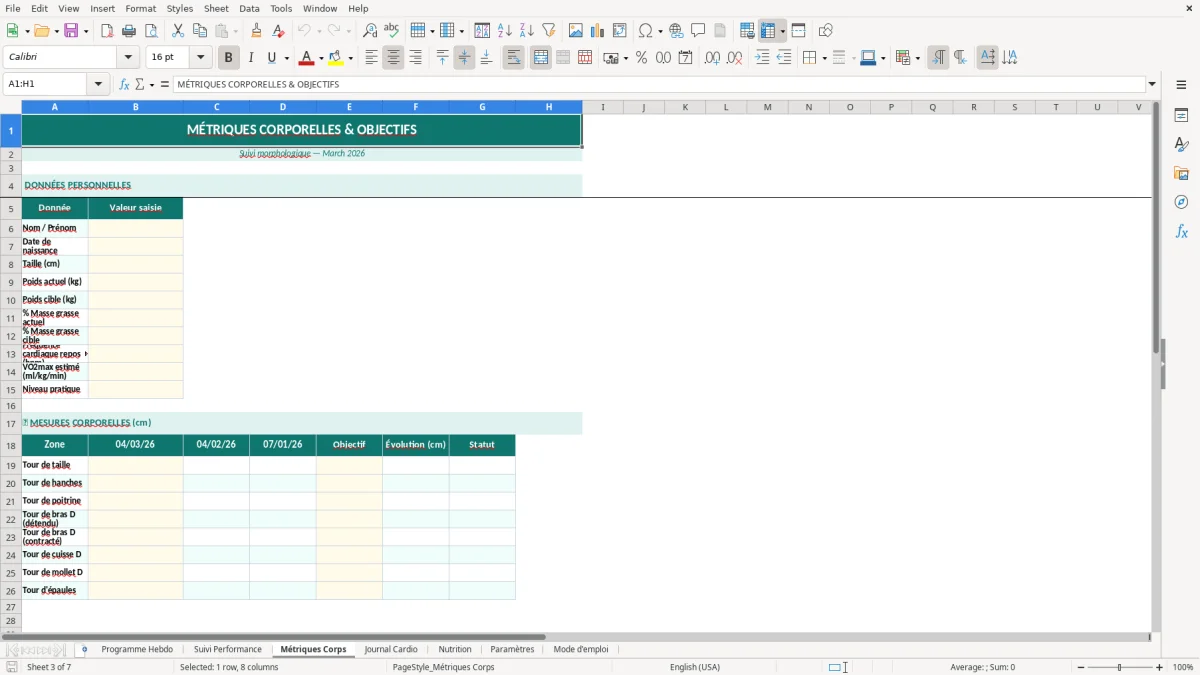 Capture d'écran 3 : Feuille Métriques Corps - Modèle Excel programme entraînement sportif excel