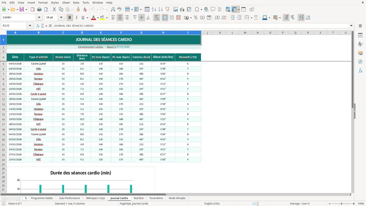 Capture d'écran 4 : Feuille Journal Cardio - Modèle Excel programme entraînement sportif excel