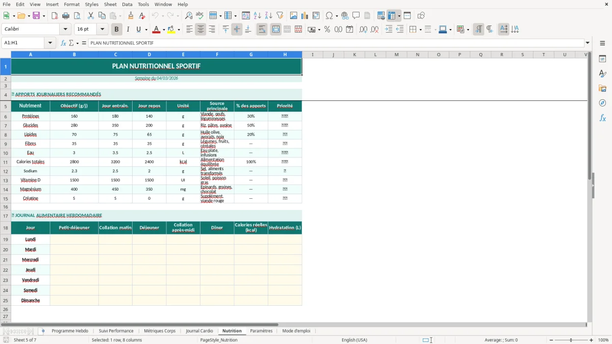 Capture d'écran 5 : Feuille Nutrition - Modèle Excel programme entraînement sportif excel