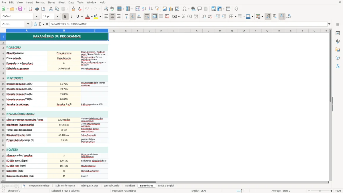 Capture d'écran 6 : Feuille Paramètres - Modèle Excel programme entraînement sportif excel