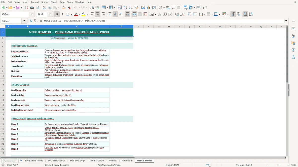 Capture d'écran 7 : Feuille Mode d'emploi - Modèle Excel programme entraînement sportif excel
