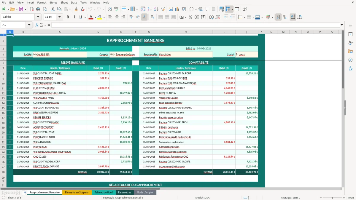 Capture d'écran 1 : Feuille Rapprochement Bancaire - Modèle Excel rapprochement bancaire excel