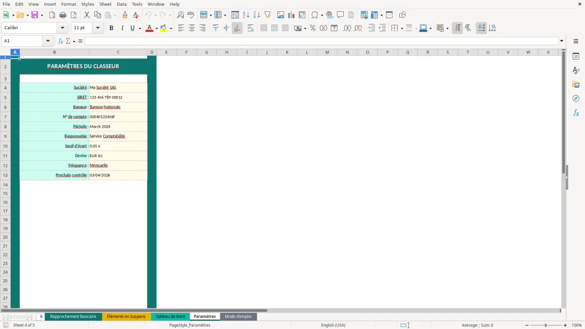 Capture d'écran 4 : Feuille Paramètres - Modèle Excel rapprochement bancaire excel