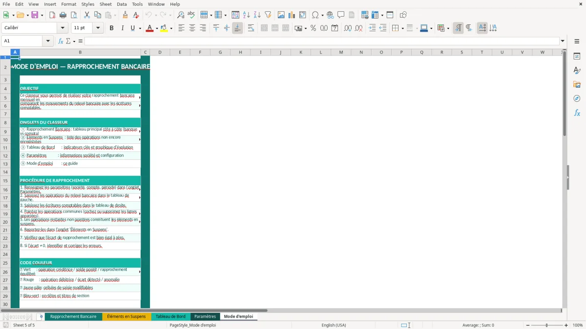 Capture d'écran 5 : Feuille Mode d'emploi - Modèle Excel rapprochement bancaire excel