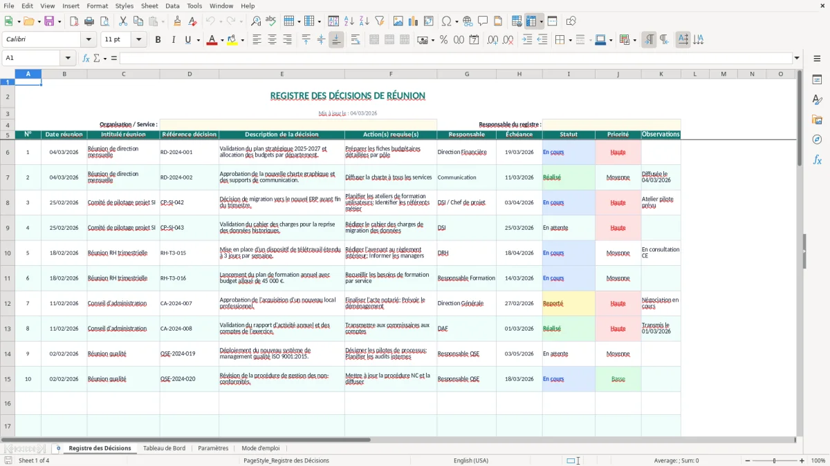 Capture d'écran 1 : Feuille Registre des Décisions - Modèle Excel registre décisions réunion excel