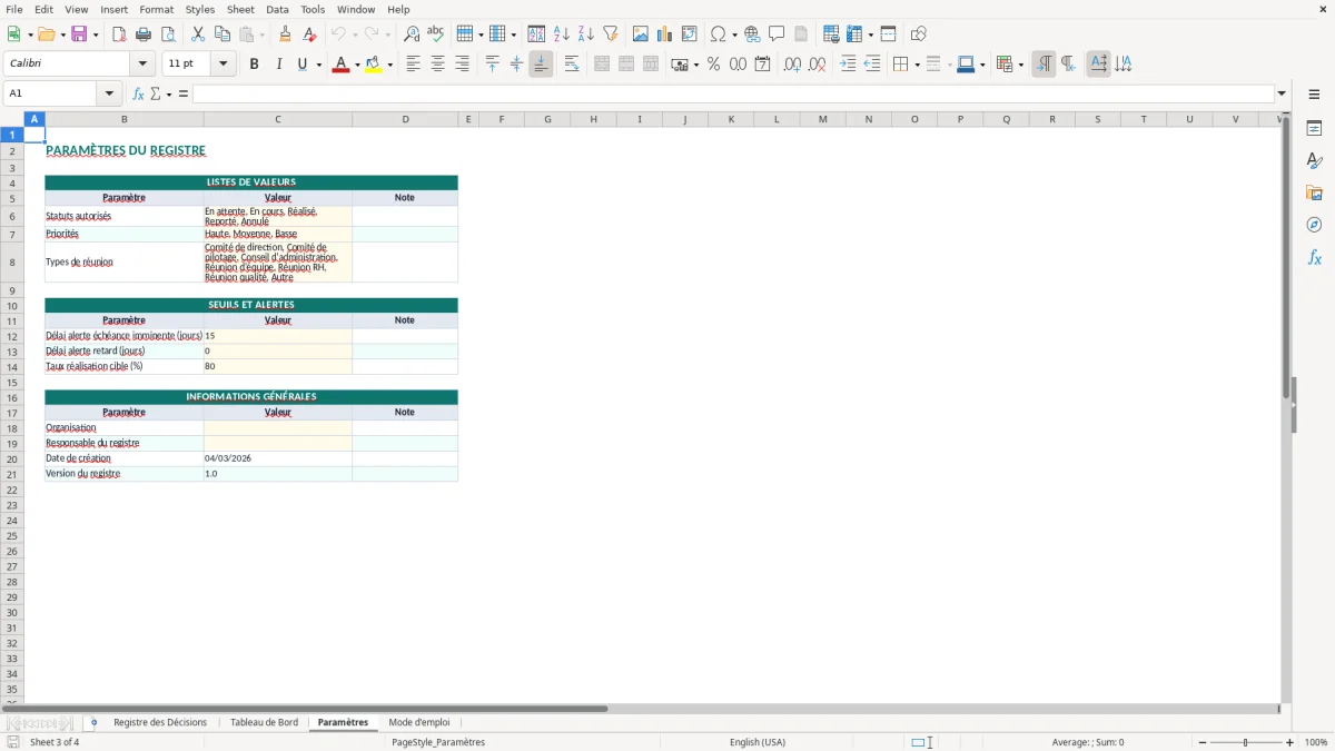 Capture d'écran 3 : Feuille Paramètres - Modèle Excel registre décisions réunion excel