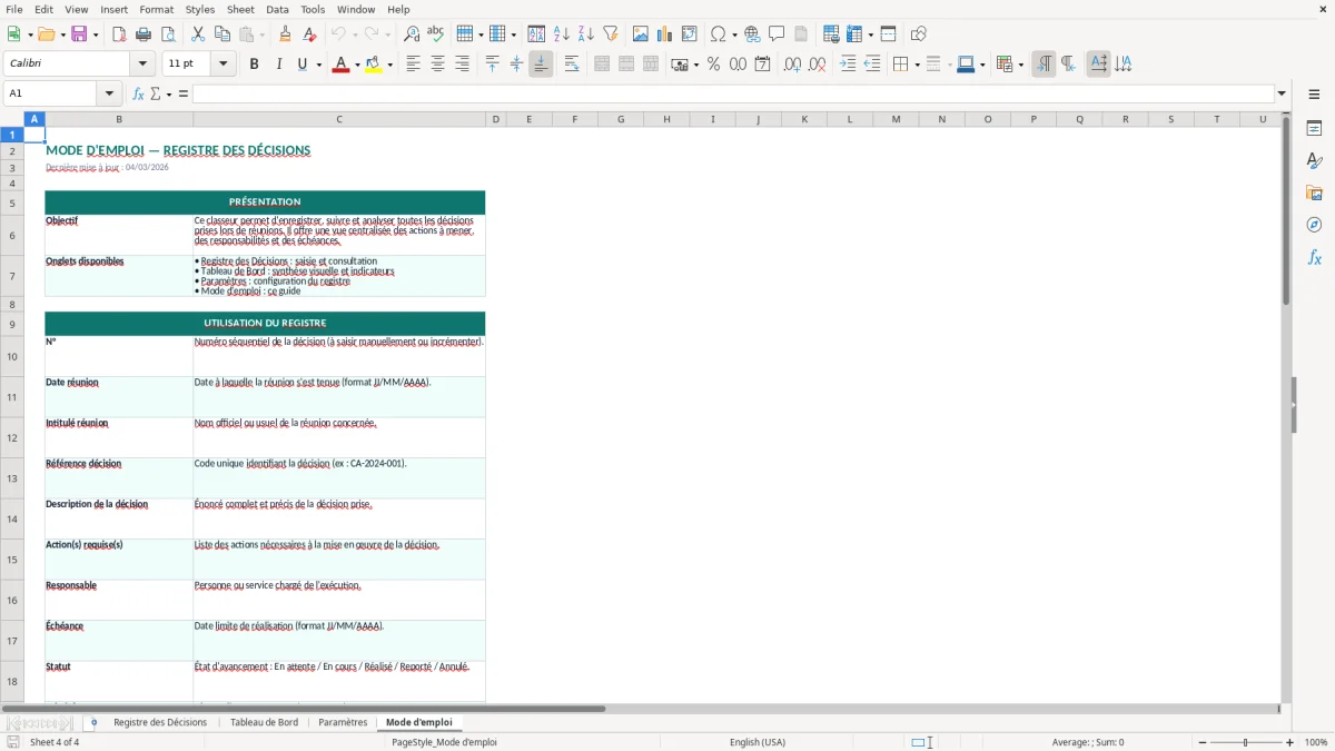 Capture d'écran 4 : Feuille Mode d'emploi - Modèle Excel registre décisions réunion excel