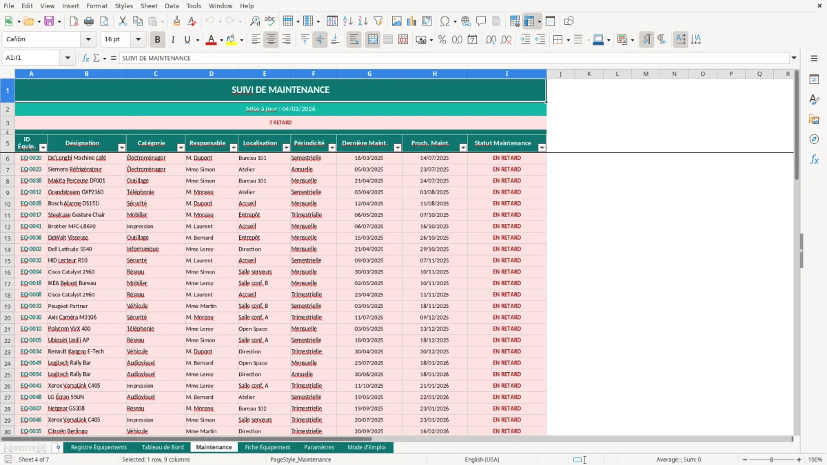 Capture d'écran 3 : Feuille _ChartData - Modèle Excel registre équipements excel