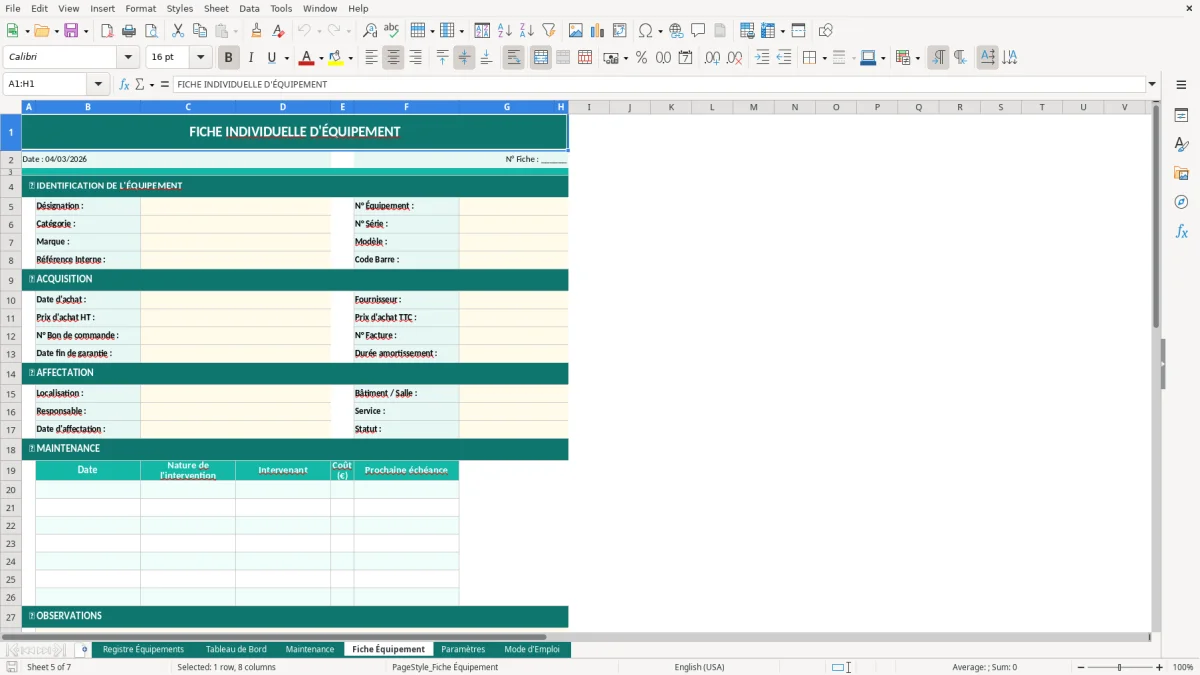 Capture d'écran 4 : Feuille Maintenance - Modèle Excel registre équipements excel