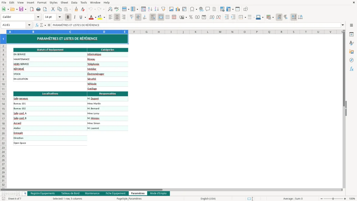 Capture d'écran 5 : Feuille Fiche Équipement - Modèle Excel registre équipements excel