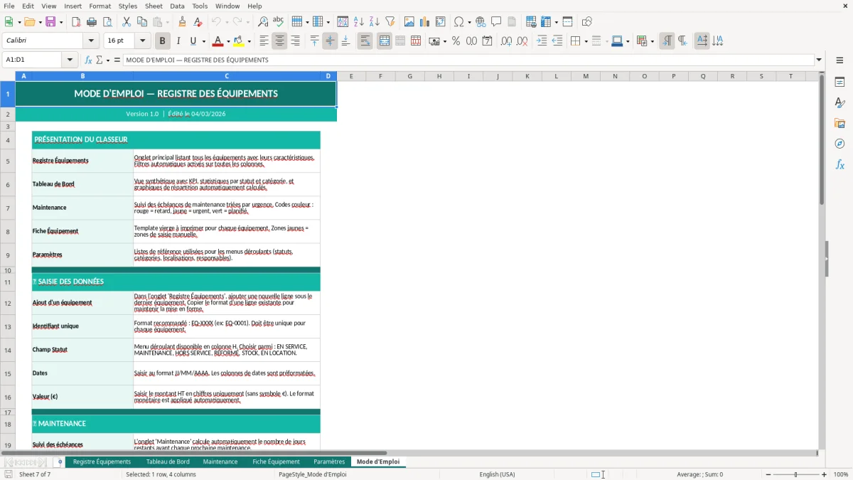Capture d'écran 6 : Feuille Paramètres - Modèle Excel registre équipements excel