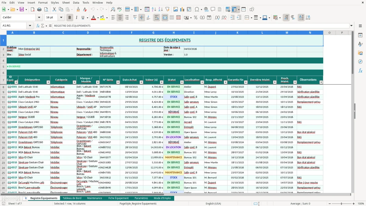 Capture d'écran 7 : Feuille Mode d'Emploi - Modèle Excel registre équipements excel