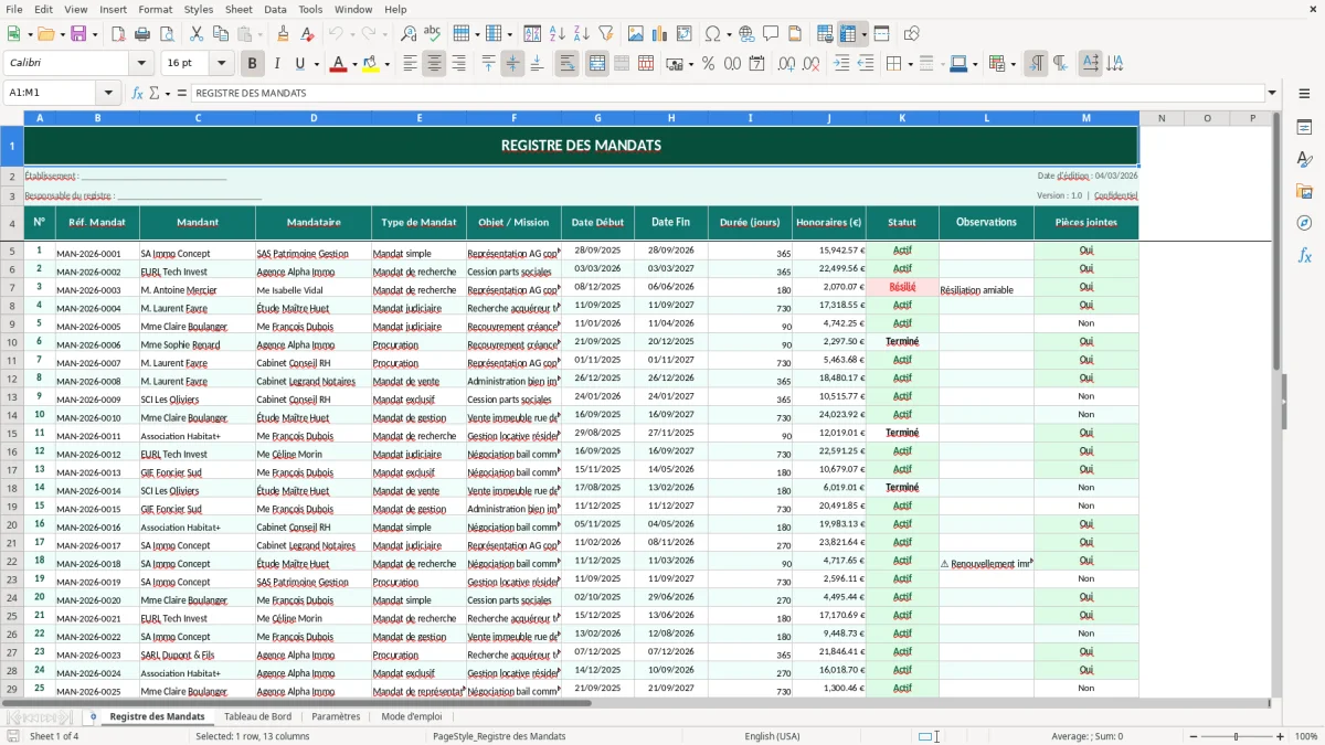 Capture d'écran 1 : Feuille Registre des Mandats - Modèle Excel registre mandats excel