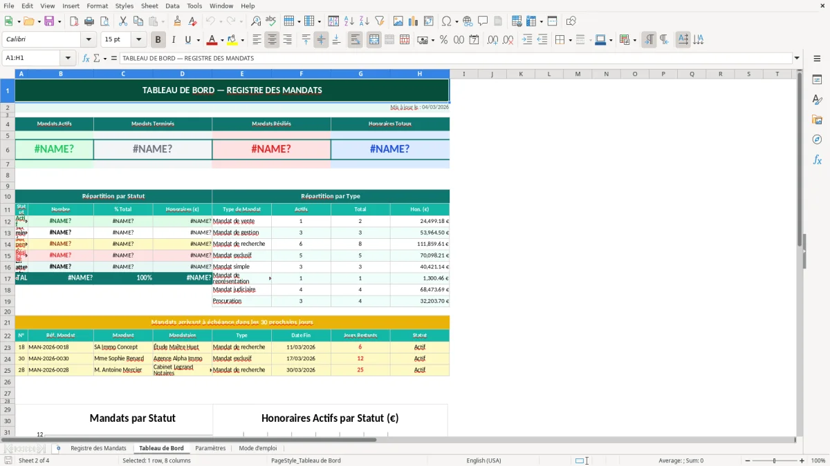 Capture d'écran 2 : Feuille Tableau de Bord - Modèle Excel registre mandats excel