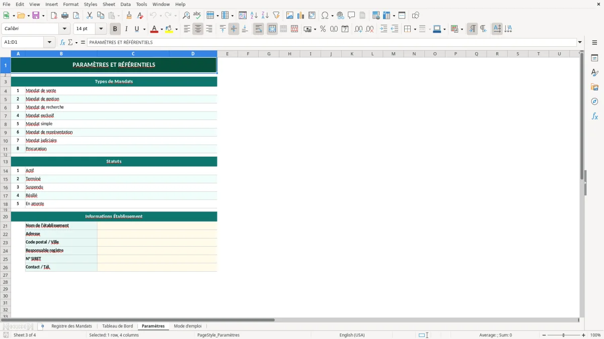 Capture d'écran 3 : Feuille Paramètres - Modèle Excel registre mandats excel