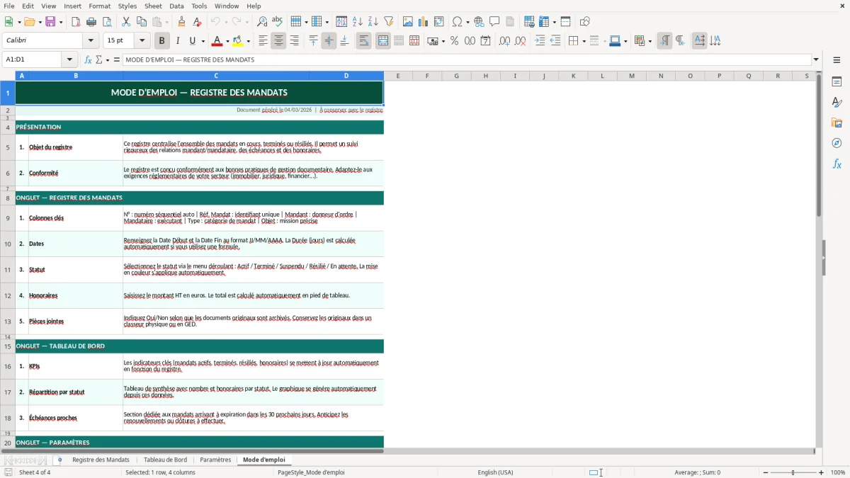 Capture d'écran 4 : Feuille Mode d'emploi - Modèle Excel registre mandats excel