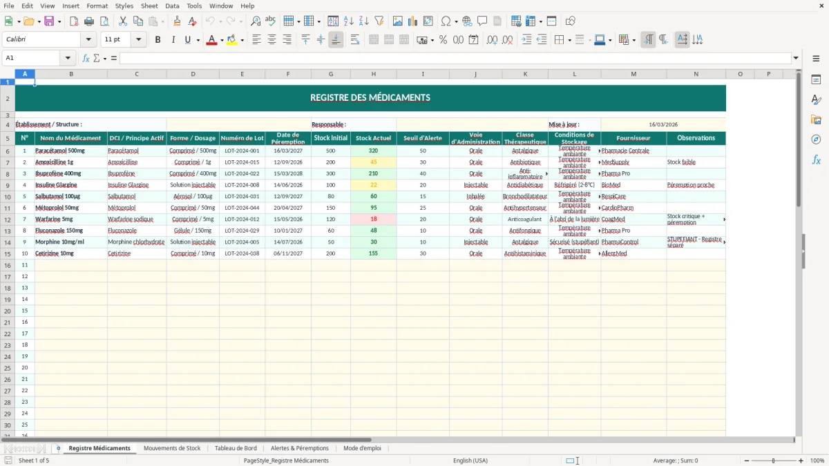 Capture d'écran 1 : Feuille Registre Médicaments - Modèle Excel registre médicaments excel