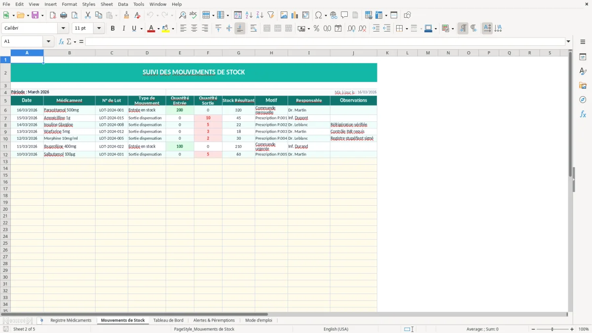 Capture d'écran 2 : Feuille Mouvements de Stock - Modèle Excel registre médicaments excel