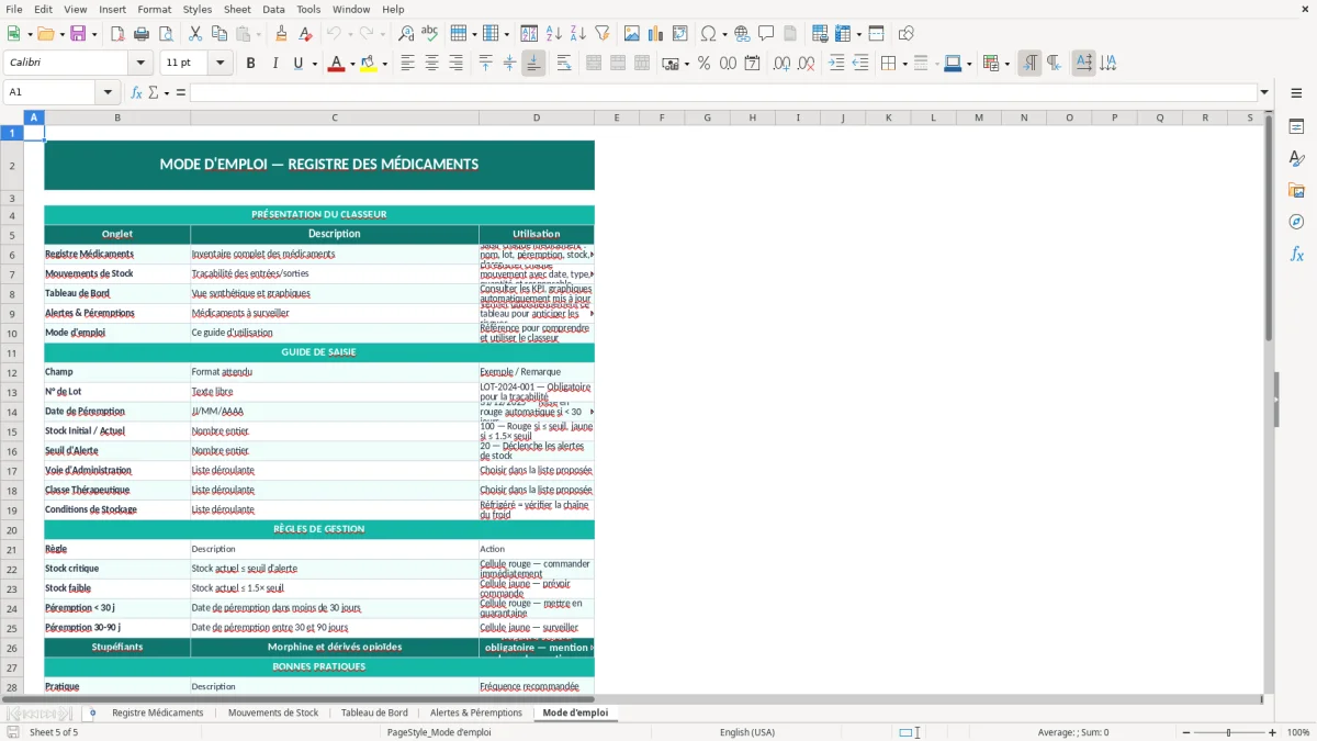 Capture d'écran 5 : Feuille Mode d'emploi - Modèle Excel registre médicaments excel