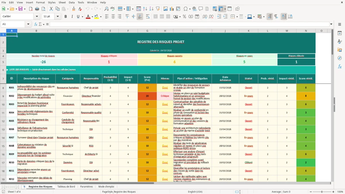 Capture d'écran 1 : Feuille Registre des Risques - Modèle Excel registre risques projet excel