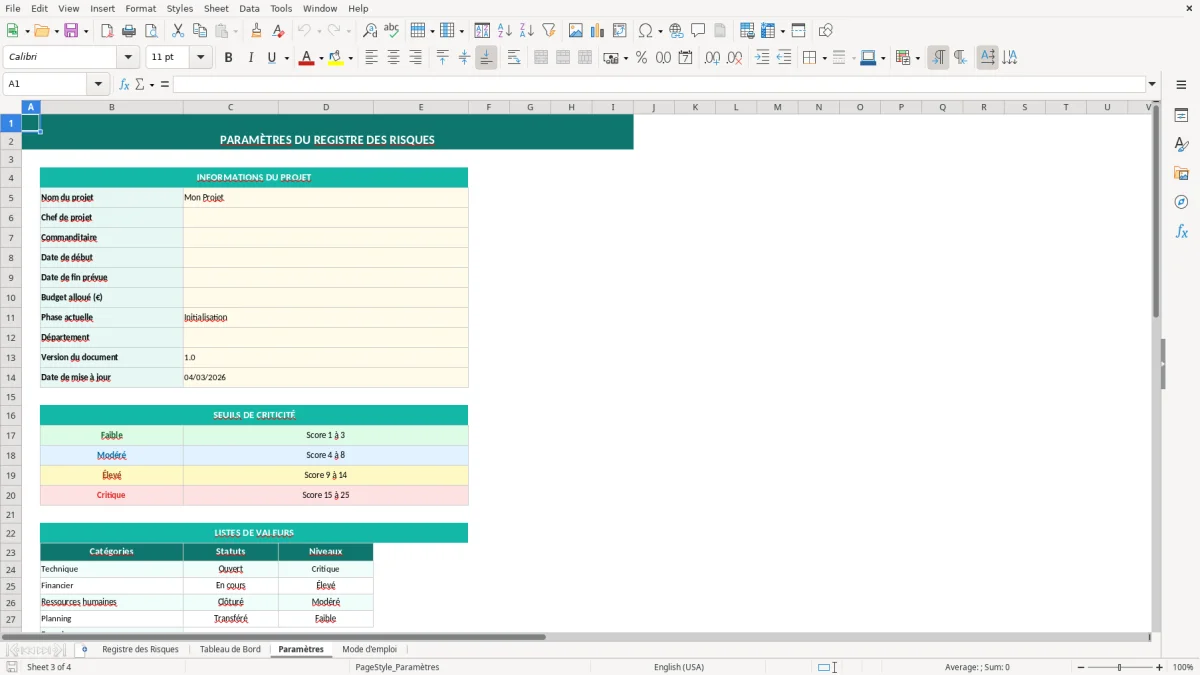 Capture d'écran 3 : Feuille Paramètres - Modèle Excel registre risques projet excel