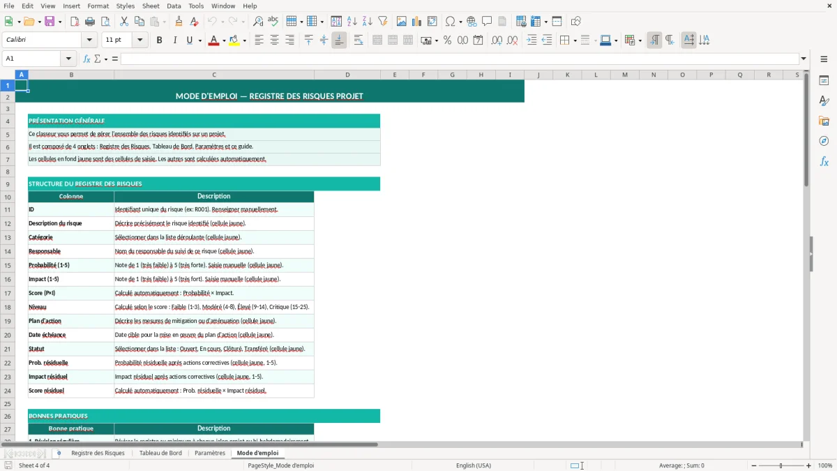 Capture d'écran 4 : Feuille Mode d'emploi - Modèle Excel registre risques projet excel