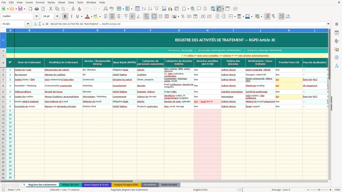 Capture d'écran 1 : Feuille Registre des traitements - Modèle Excel registre traitement données RGPD excel
