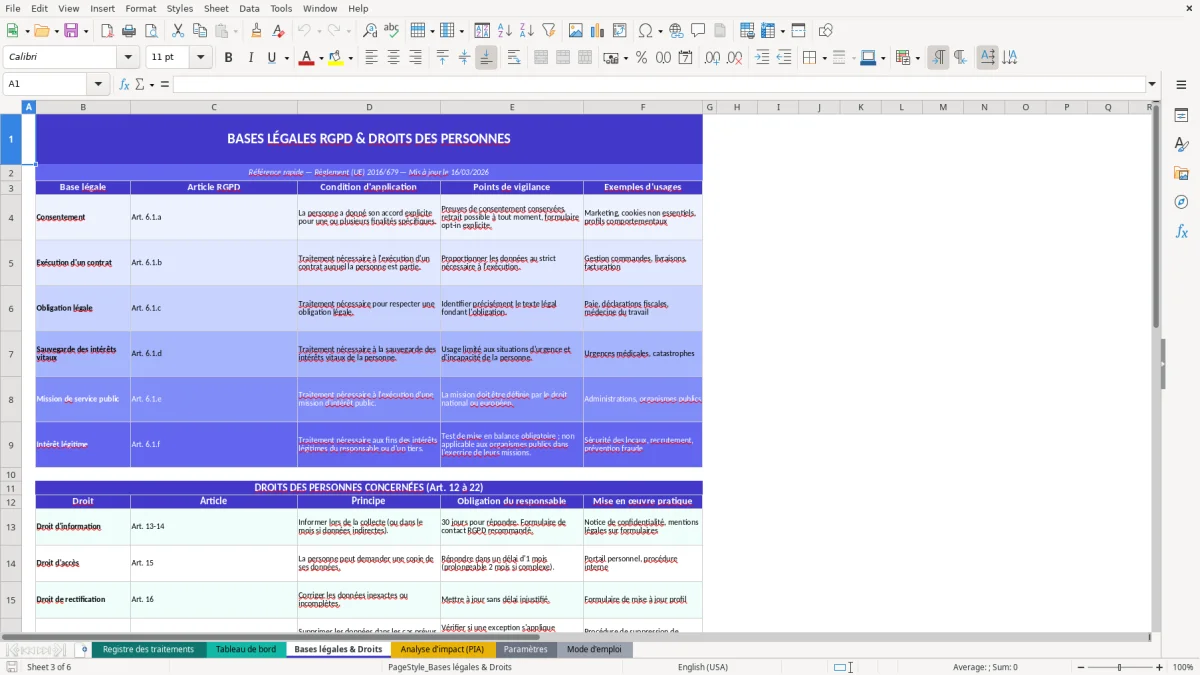 Capture d'écran 3 : Feuille Bases légales & Droits - Modèle Excel registre traitement données RGPD excel