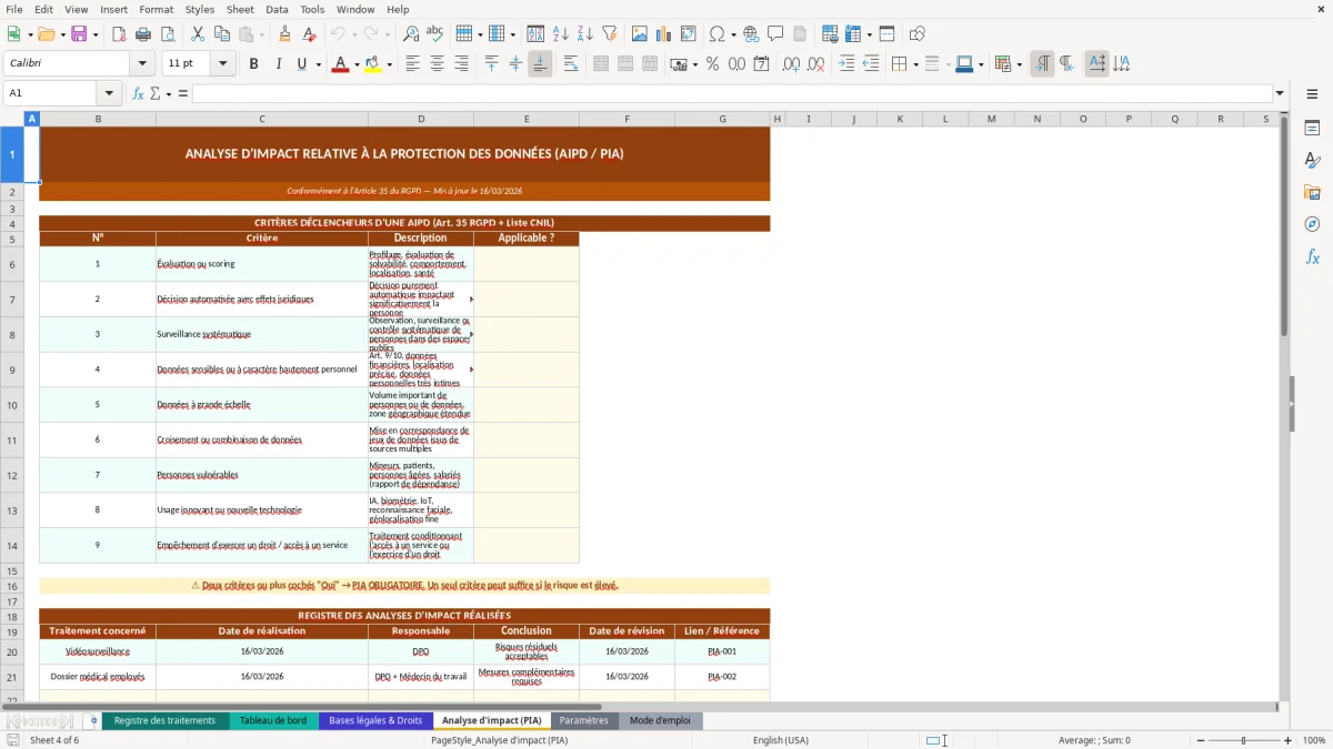 Capture d'écran 4 : Feuille Analyse d'impact (PIA) - Modèle Excel registre traitement données RGPD excel