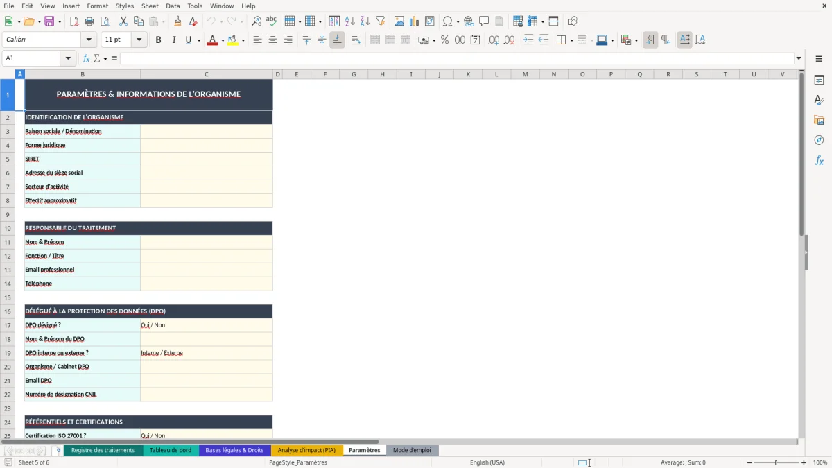 Capture d'écran 5 : Feuille Paramètres - Modèle Excel registre traitement données RGPD excel