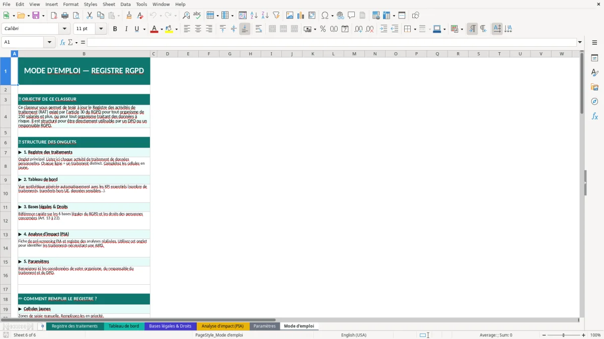 Capture d'écran 6 : Feuille Mode d'emploi - Modèle Excel registre traitement données RGPD excel