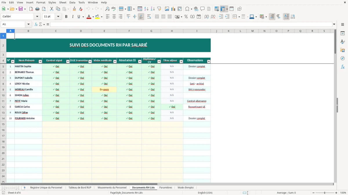 Capture d'écran 4 : Feuille Documents RH Liés - Modèle Excel registre unique personnel excel